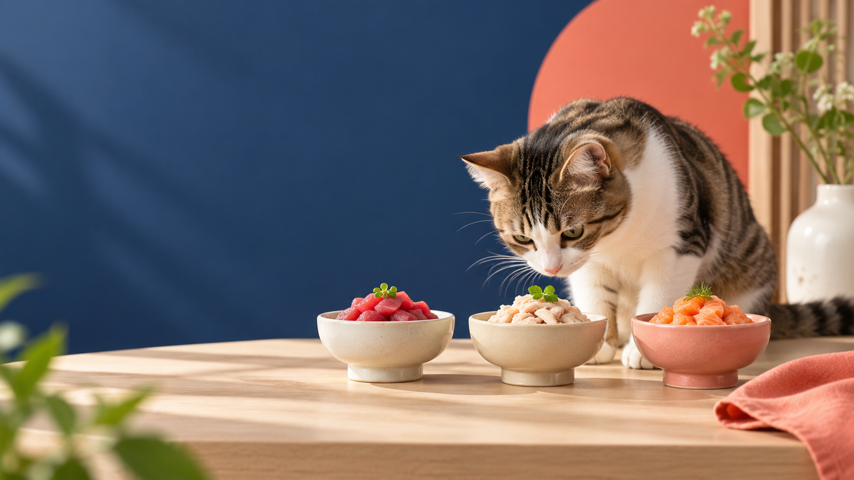 三つのごはんを見比べる猫